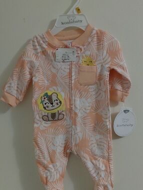 Koala Kids Peach and White Palm-Print Footie with Animal Appliques